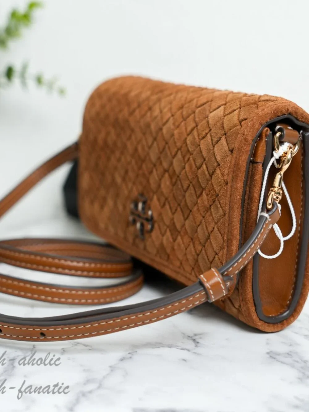 Tory Burch Thea Woven Suede Flat Wallet Crossbody in Chicory Brown NWT